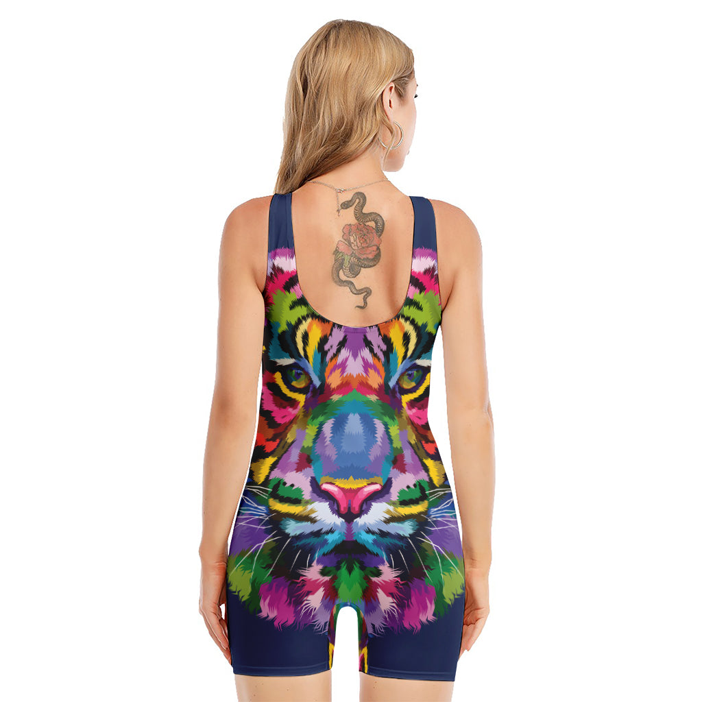 Colorful Tiger Portrait Print Sleeveless One Piece Swimsuit
