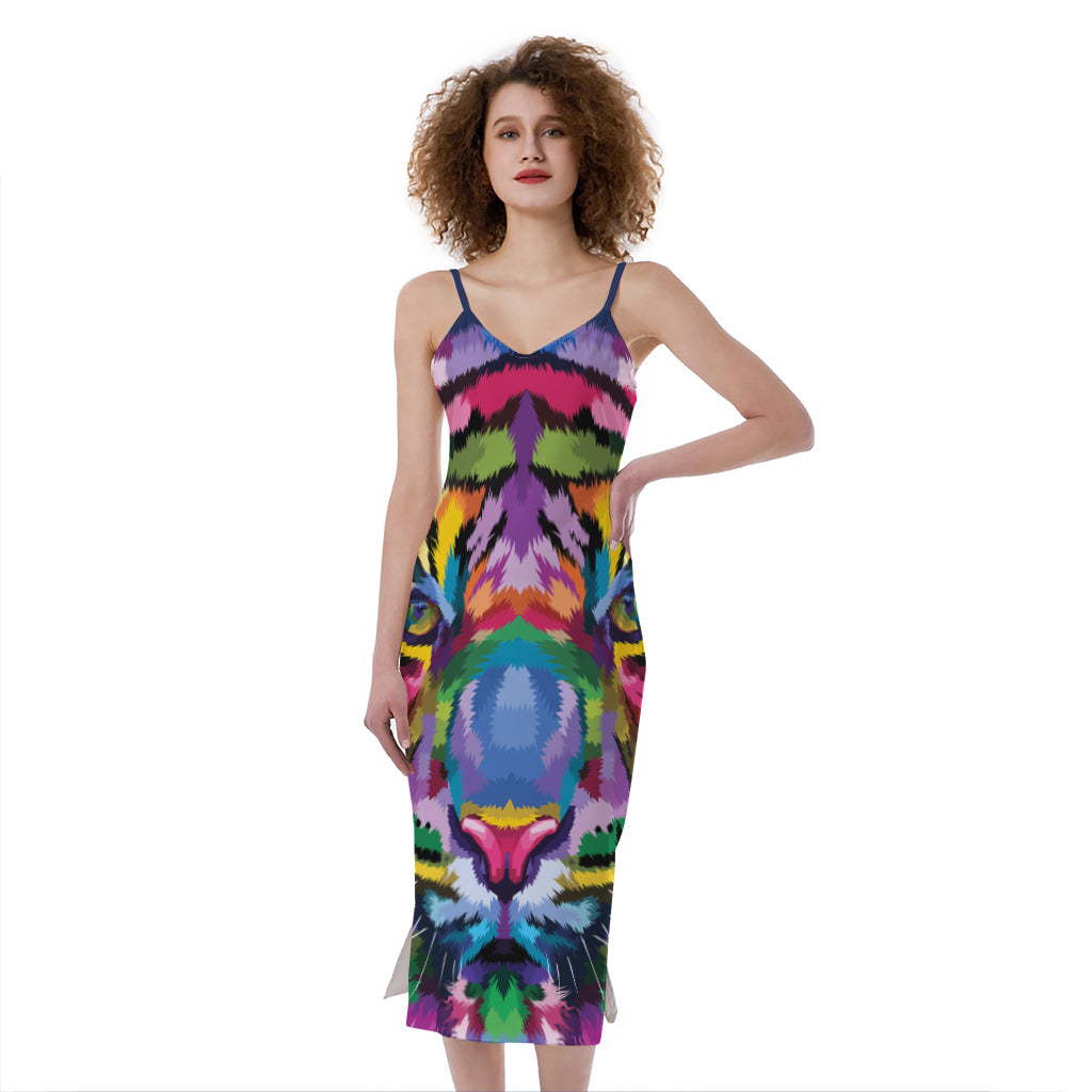 Colorful Tiger Portrait Print Slim Fit Midi Cami Dress