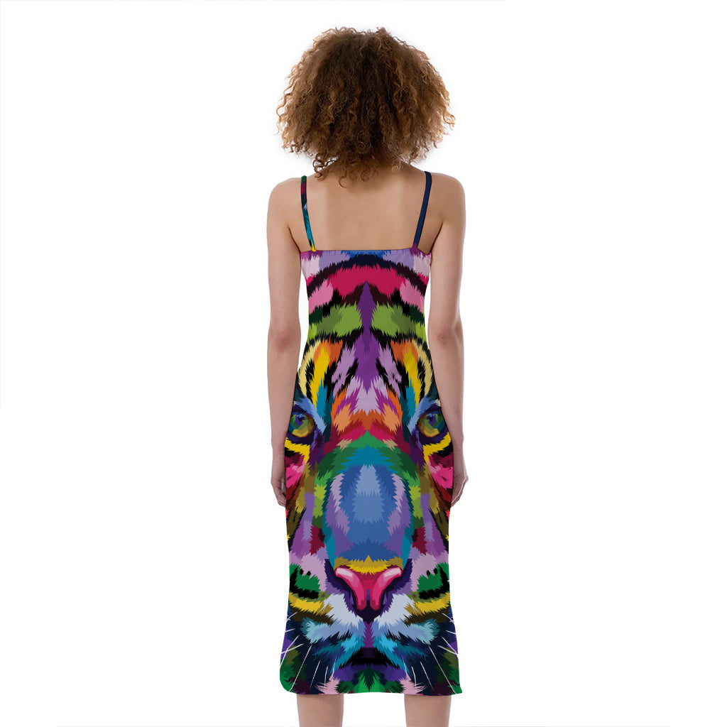 Colorful Tiger Portrait Print Slim Fit Midi Cami Dress