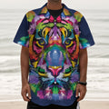 Colorful Tiger Portrait Print Textured Short Sleeve Shirt
