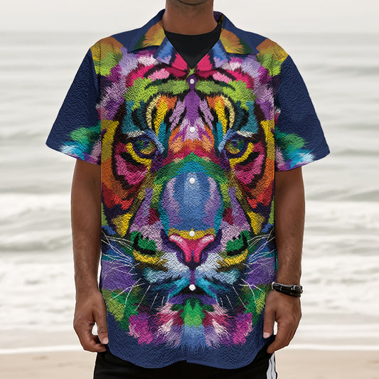 Colorful Tiger Portrait Print Textured Short Sleeve Shirt