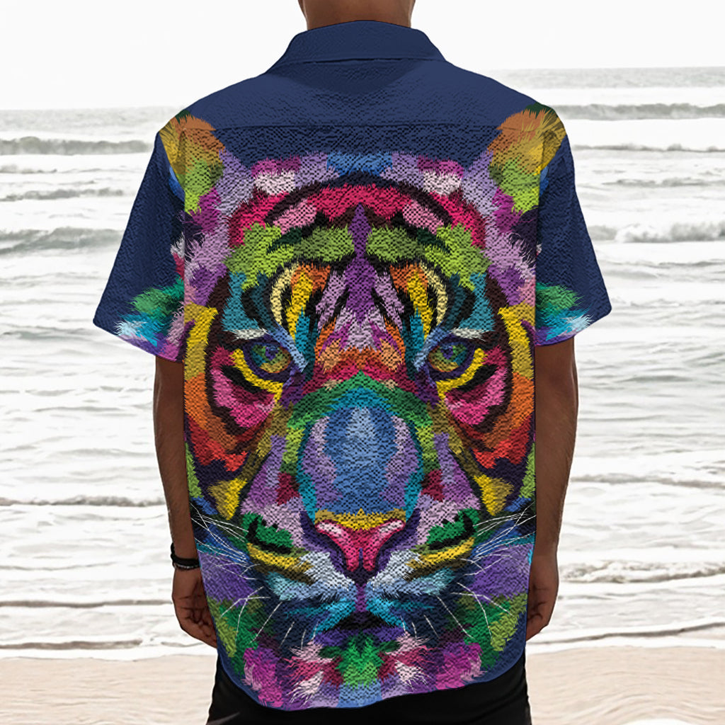 Colorful Tiger Portrait Print Textured Short Sleeve Shirt