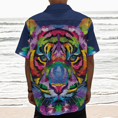 Colorful Tiger Portrait Print Textured Short Sleeve Shirt