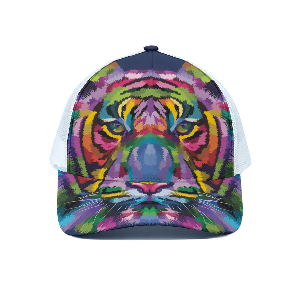 Colorful Tiger Portrait Print White Mesh Trucker Cap