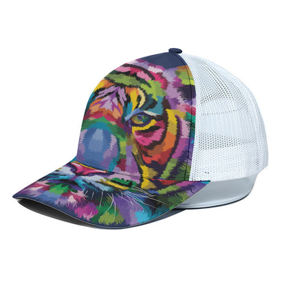 Colorful Tiger Portrait Print White Mesh Trucker Cap