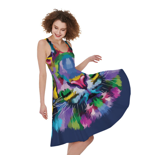 Colorful Tiger Portrait Print Women's Sleeveless Dress