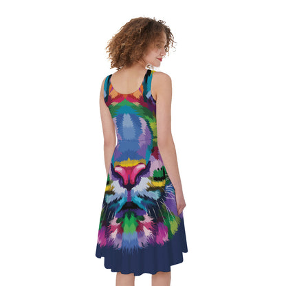 Colorful Tiger Portrait Print Women's Sleeveless Dress
