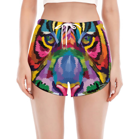 Colorful Tiger Portrait Print Women's Split Running Shorts