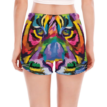 Colorful Tiger Portrait Print Women's Split Running Shorts