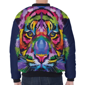 Colorful Tiger Portrait Print Zip Sleeve Bomber Jacket