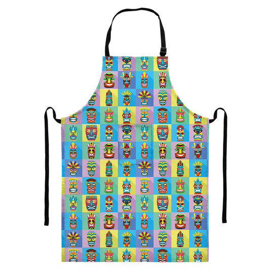 Colorful Tiki Pattern Print Bib Apron With Pocket