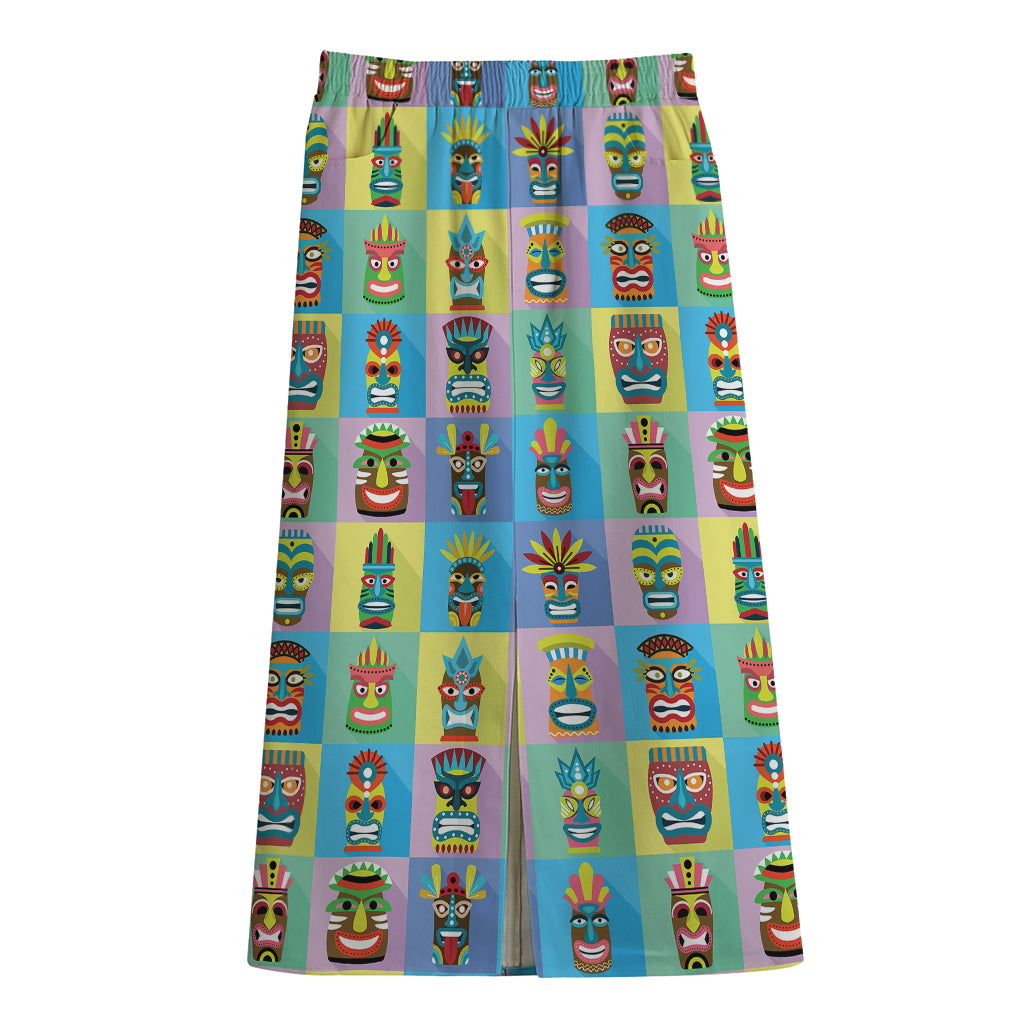 Colorful Tiki Pattern Print Cotton Front Slit Maxi Skirt