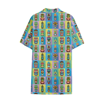 Colorful Tiki Pattern Print Cotton Hawaiian Shirt