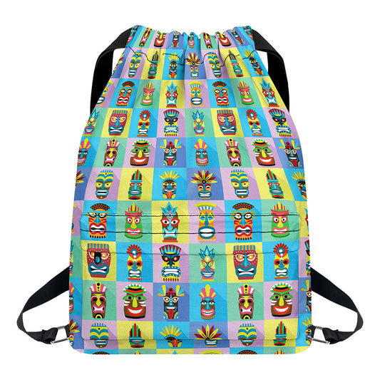 Colorful Tiki Pattern Print Drawstring Backpack