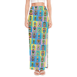 Colorful Tiki Pattern Print High Slit Maxi Skirt