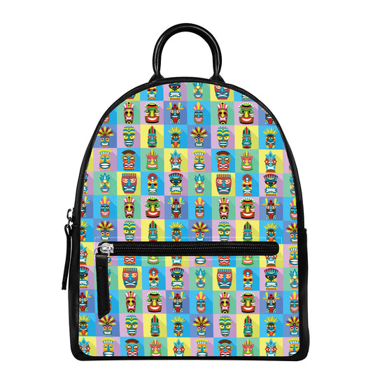 Colorful Tiki Pattern Print Leather Backpack