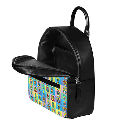 Colorful Tiki Pattern Print Leather Backpack