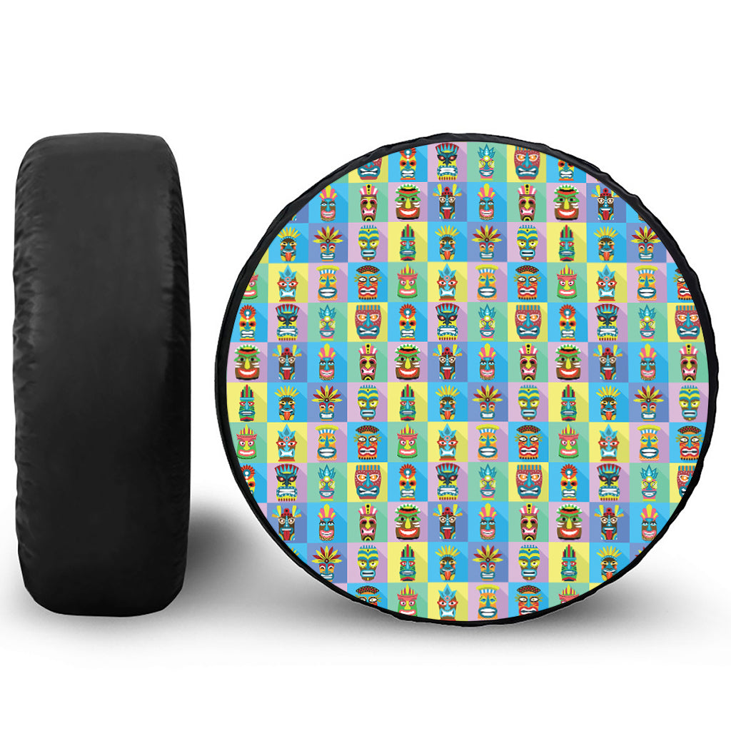 Colorful Tiki Pattern Print Leather Spare Tire Cover
