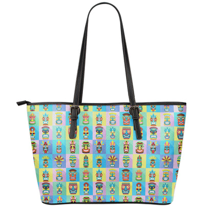 Colorful Tiki Pattern Print Leather Tote Bag