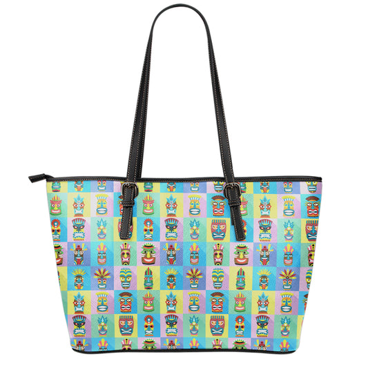 Colorful Tiki Pattern Print Leather Tote Bag
