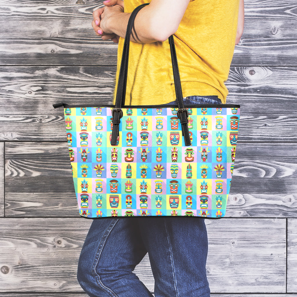 Colorful Tiki Pattern Print Leather Tote Bag