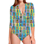 Colorful Tiki Pattern Print Long Sleeve Swimsuit