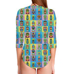 Colorful Tiki Pattern Print Long Sleeve Swimsuit