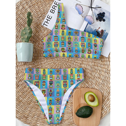 Colorful Tiki Pattern Print One Shoulder Bikini Top