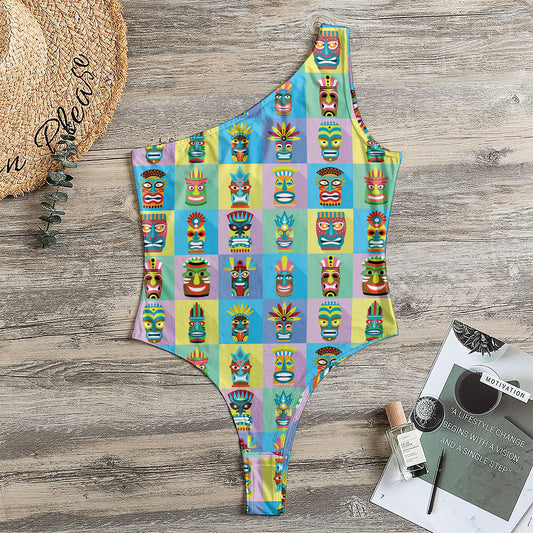 Colorful Tiki Pattern Print One Shoulder Bodysuit