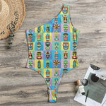 Colorful Tiki Pattern Print One Shoulder Bodysuit