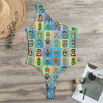 Colorful Tiki Pattern Print One Shoulder Bodysuit