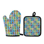 Colorful Tiki Pattern Print Oven Mitt And Pot Holder Set