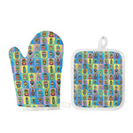 Colorful Tiki Pattern Print Oven Mitt And Pot Holder Set