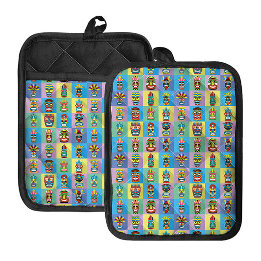Colorful Tiki Pattern Print Pot Holders With Pocket