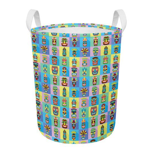 Colorful Tiki Pattern Print Round Laundry Basket