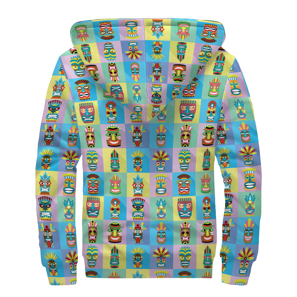 Colorful Tiki Pattern Print Sherpa Lined Zip Up Hoodie