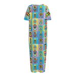 Colorful Tiki Pattern Print Short Sleeve Long Nightdress