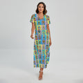 Colorful Tiki Pattern Print Short Sleeve Maxi Dress