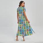 Colorful Tiki Pattern Print Short Sleeve Maxi Dress