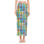 Colorful Tiki Pattern Print Side Slit Maxi Skirt