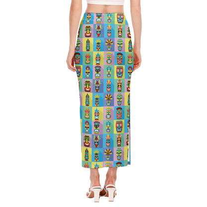 Colorful Tiki Pattern Print Side Slit Maxi Skirt