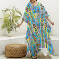 Colorful Tiki Pattern Print Silk V-Neck Kaftan Dress