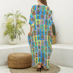 Colorful Tiki Pattern Print Silk V-Neck Kaftan Dress