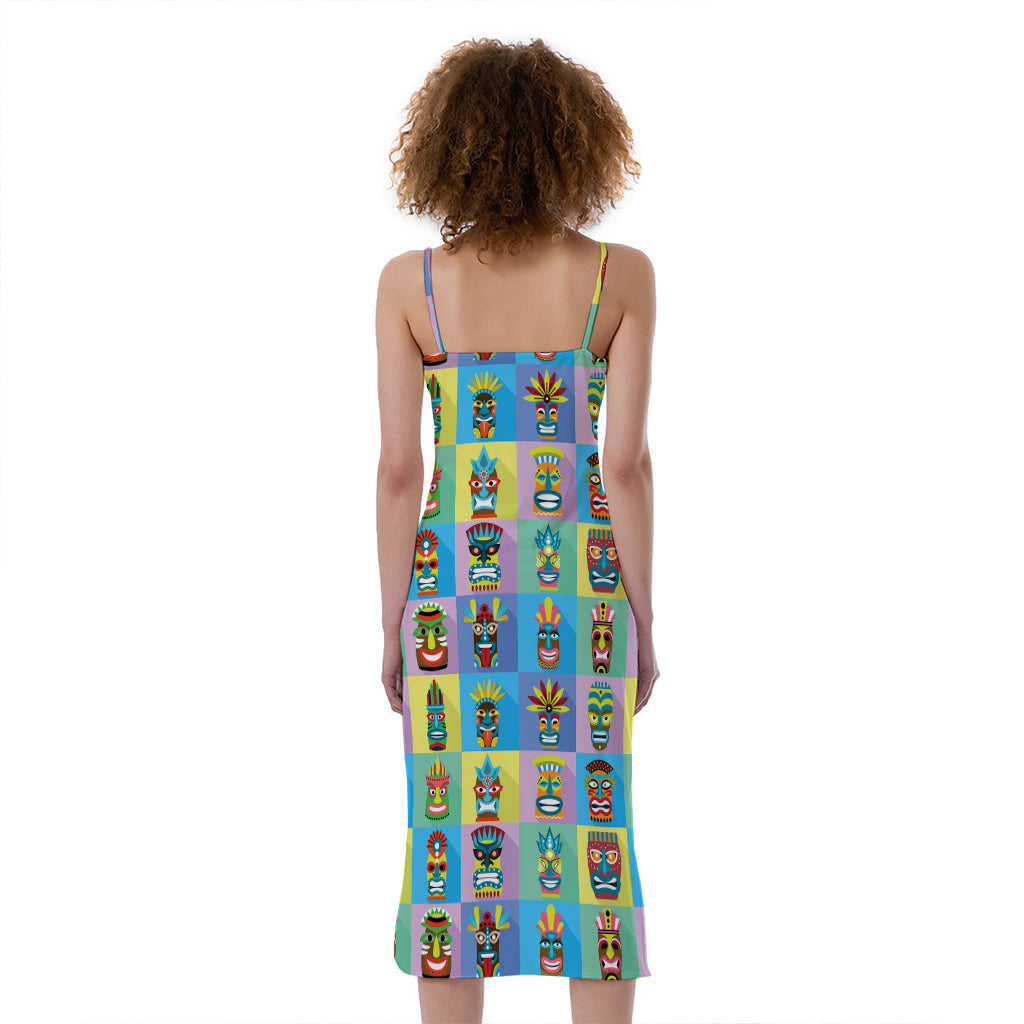 Colorful Tiki Pattern Print Slim Fit Midi Cami Dress