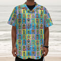 Colorful Tiki Pattern Print Textured Short Sleeve Shirt