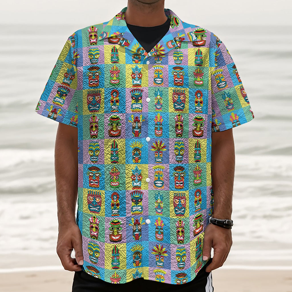 Colorful Tiki Pattern Print Textured Short Sleeve Shirt