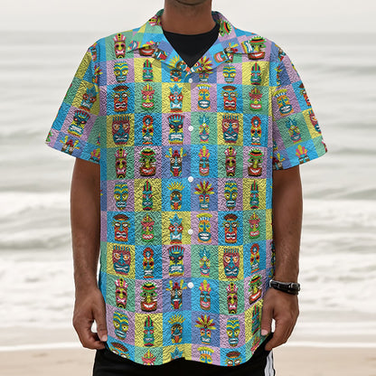 Colorful Tiki Pattern Print Textured Short Sleeve Shirt