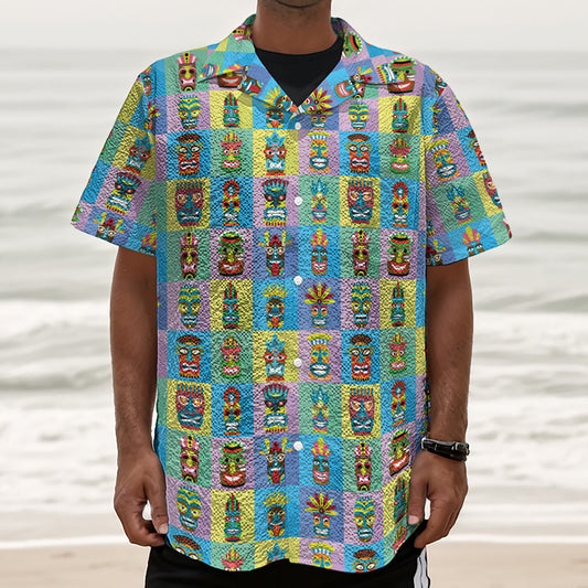 Colorful Tiki Pattern Print Textured Short Sleeve Shirt