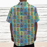 Colorful Tiki Pattern Print Textured Short Sleeve Shirt