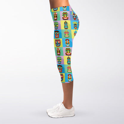 Colorful Tiki Pattern Print Women's Capri Leggings